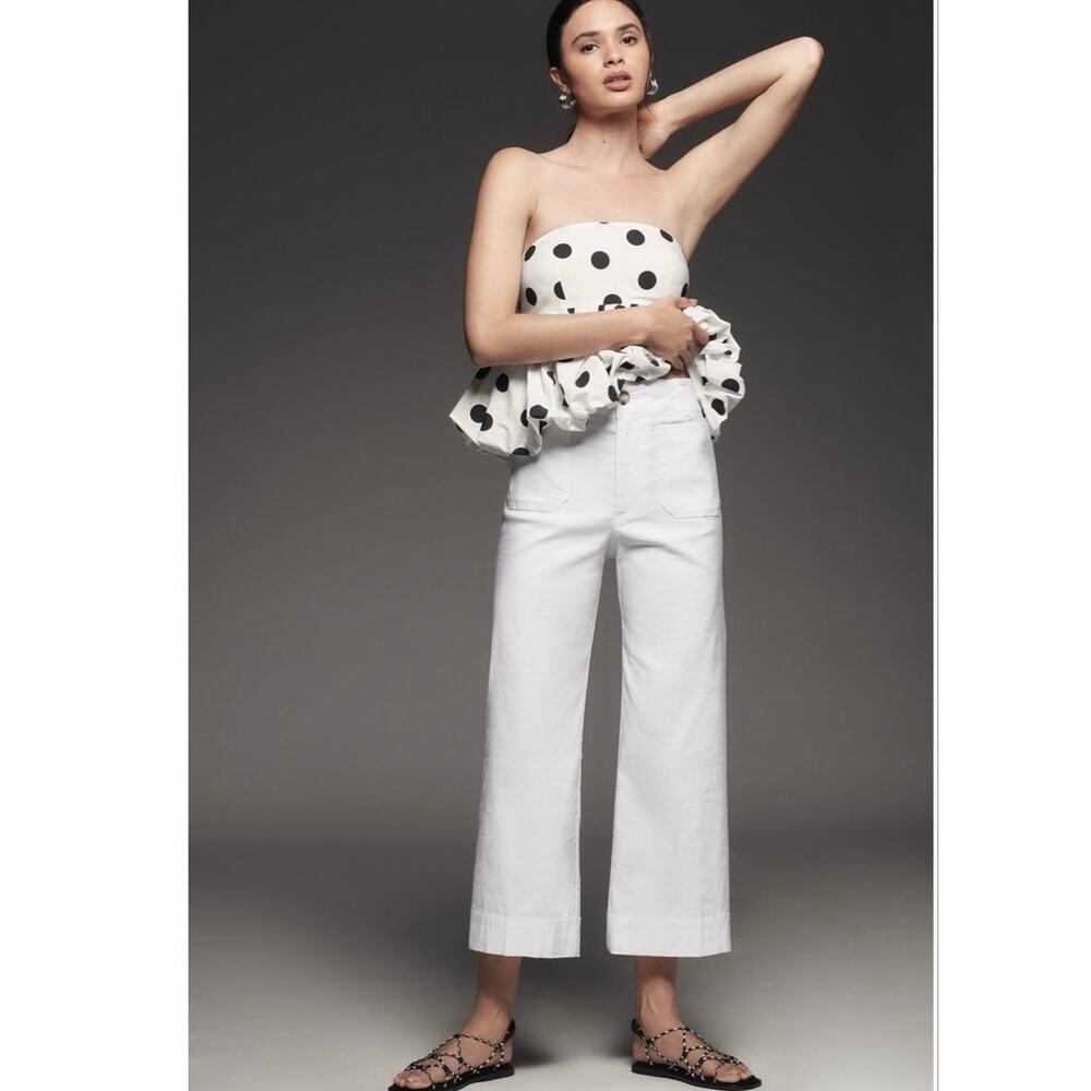 Anthropologie Maeve Colette White Cotton Blend Cropped Wide-Leg Pants Size 26P - Picture 2 of 9